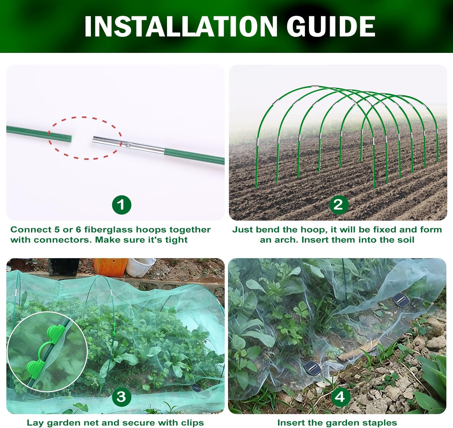 Garden Mesh Netting Kit, 10x30FT Green Ultra Fine Netting & 6 Sets 8FT Fiberglass Garden Hoops with Stake, Garden Netting with Frame for Raised Beds, Garden Hoops and Netting, Row Cover, Plant Barrier
