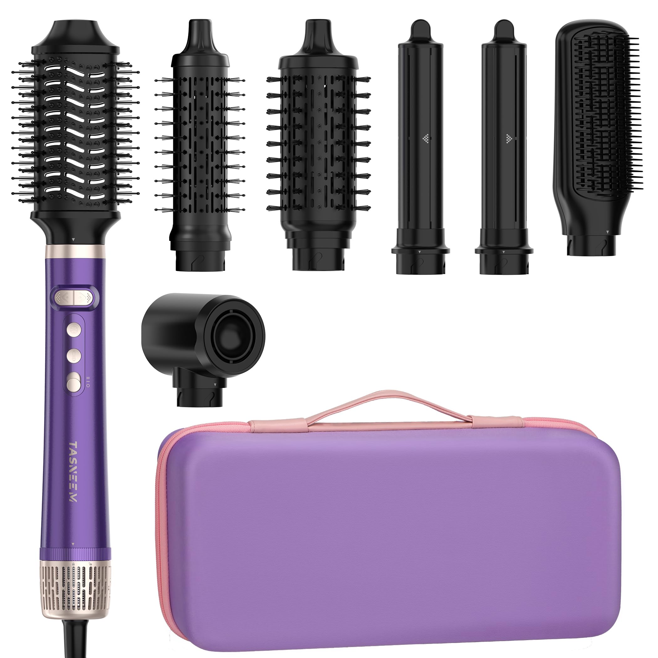 TASNEEM 7 in 1 Hair Dryer Brush, No Heat Damage Hot Air Styler with Auto-Wrap Curlers, Rotating Blow Dryer Brush, Straightener & Volumizer, 110,000 RPM Motor, Ionic Technology, with Travel Case
