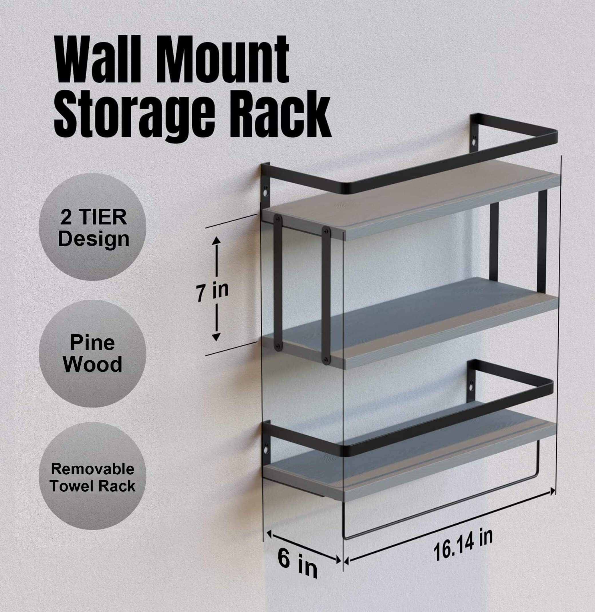 2+1 Tier Wall Mounted Floating Shelves Set of 2, Rustic Wood Wall Shelf with Metal Frame, Extra Storage Rack for Bathroom, Kitchen, Bedroom with Tissue Rack & Towel Bar - Grey