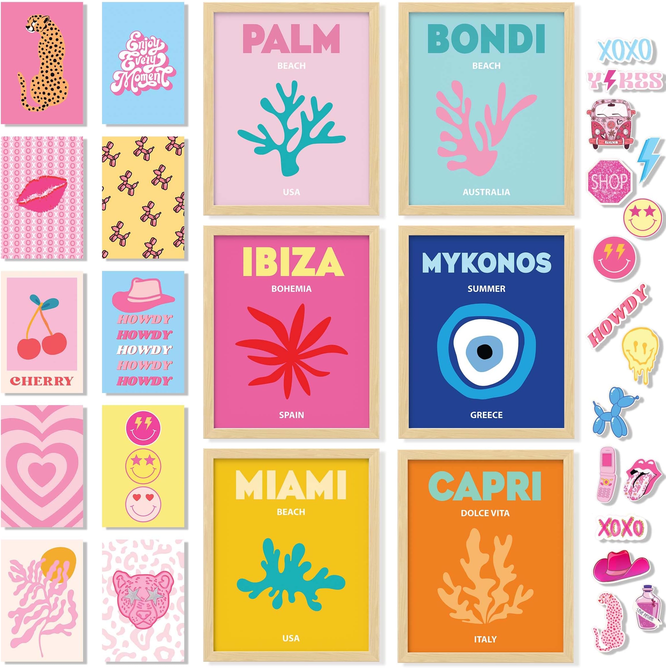 97 Decor Preppy Wall Art - Beachy & Pink Room Decor, Unframed Posters (8x10) & Collage Cards (4x6), 16 Pcs Set
