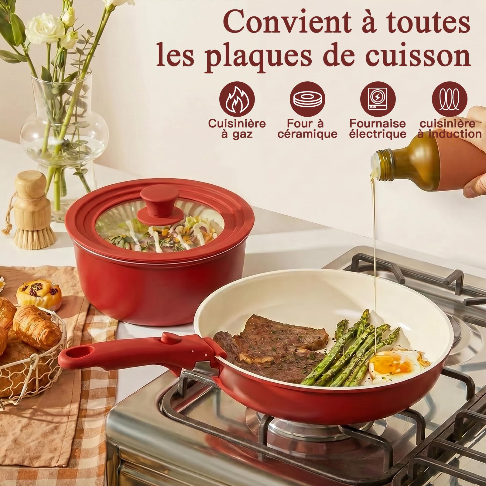 GiPP 21 PièCes Batteries Cuisine Antiadhésive Non Toxique, Poignée Amovible | Poele Induction Tout Feux, Robuste et Facile à Nettoyer, Compatible Lave-vaisselle et Fours, Pot de Camping Empilable, Rouge