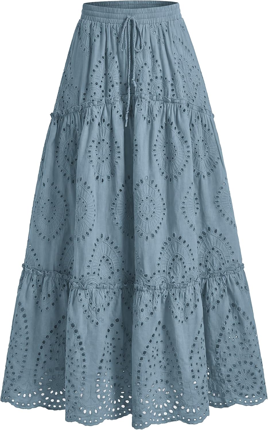 BTFBM Boho Long Skirts for Women Spring Summer 2026 Lace Embroidery High Waist Flowy Tiered Maxi Skirt Beach Vacation