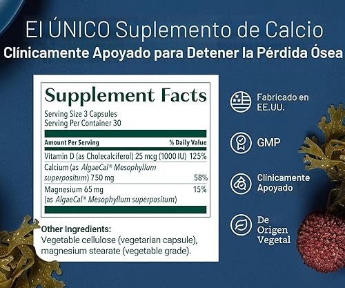 Miniatura 5 de ALGAECAL - Suplemento de calcio a base de plantas con vitamina D3 (1000 UI) para fortaleza ósea, contiene 13 minerales que apoyan la salud ósea