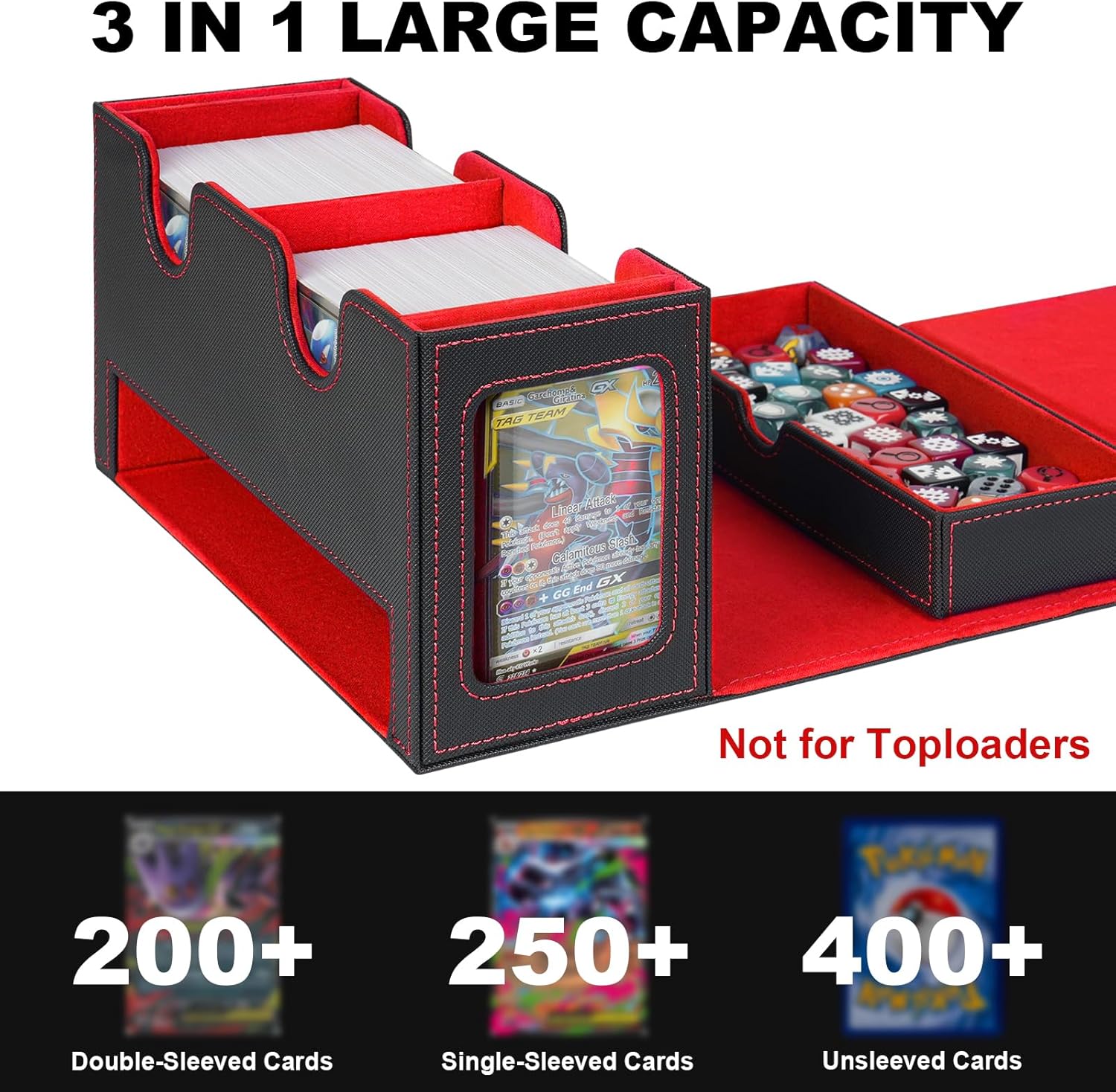 Card Deck Box for MTG Commander, Deck Display Case Holds 200+ Double-Sleeved Cards, 35pt Card Brick & Dice Tray, Storage Box For TCG CCG Sports, Black&Red