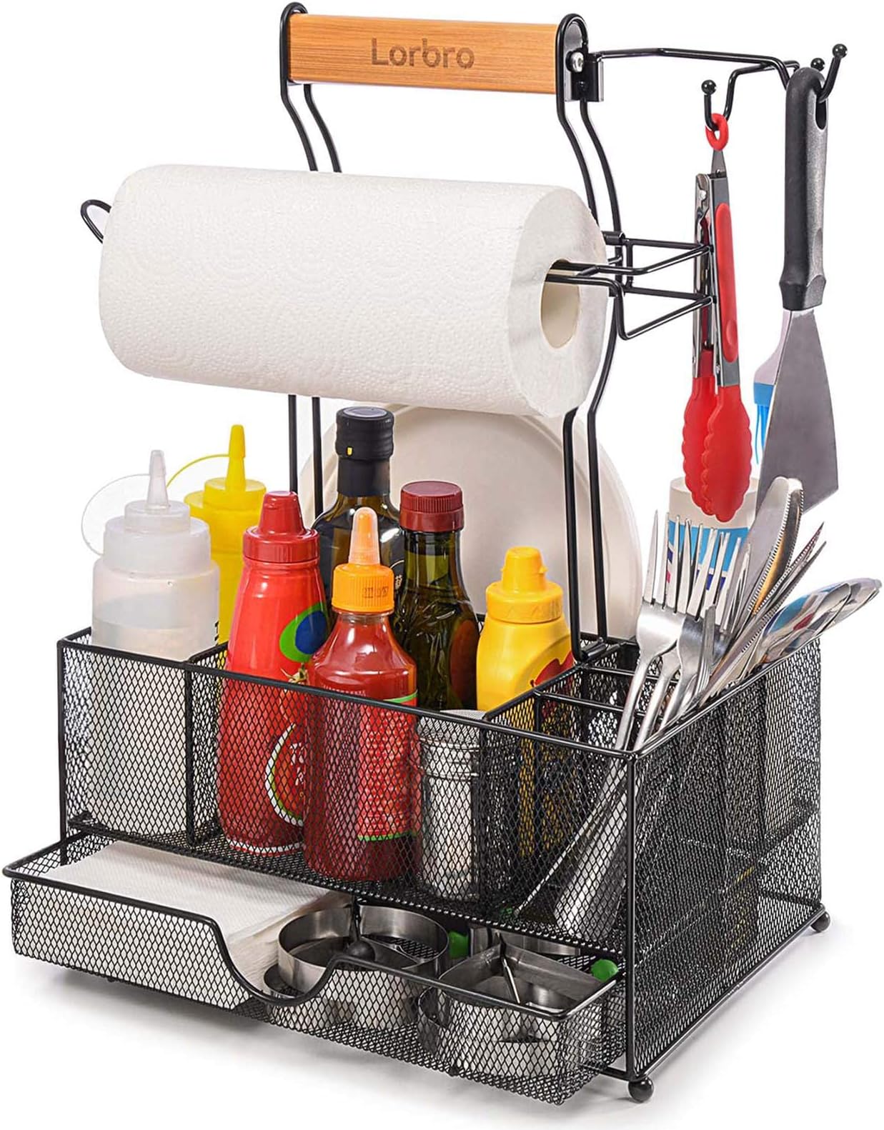 Lorbro Large Grill Utensil Caddy with Drawer, Picnic Camping Caddy with Paper Towel Holder, BBQ Organizer for Grilling Tool, Ideal Organizer for Picnic Condiment and Outdoor Griddle Accessories