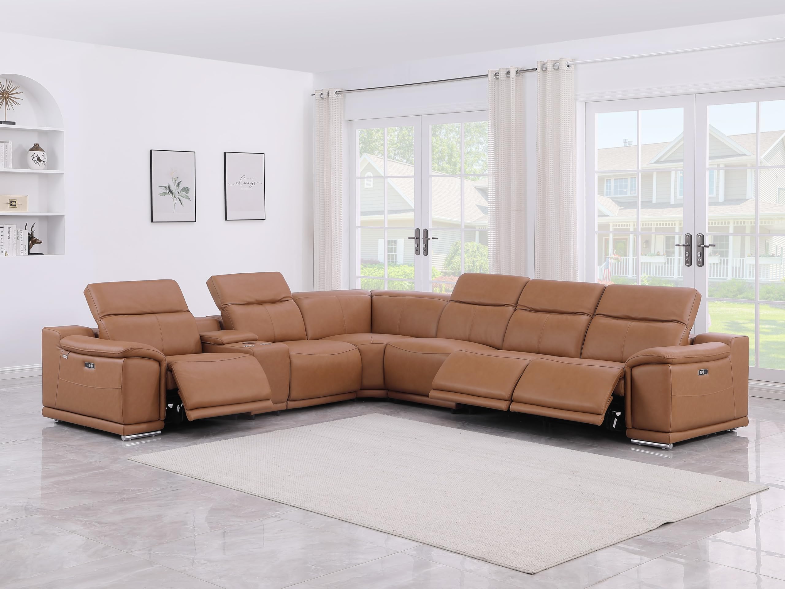 BlackJack Furniture Venice 7 Piece Top Grain Italian Leather Sectional Sofa with 3-Power Recliners, Adjustable Headrest, Lumbar Support, USB &amp; Wireless Charger, Large Storage, 1 Console, Cognac