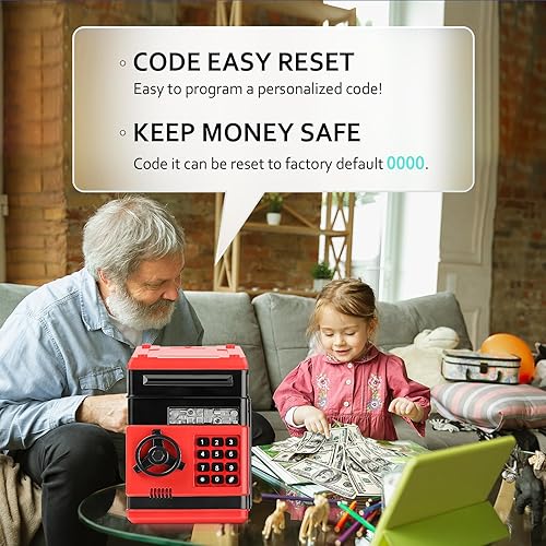 Miniatura 10 de Vcertcpl - Alcancía de cajero automático para niños y niñas, caja de ahorro de dinero con contraseña, tarro de dinero seguro para niños con ranura