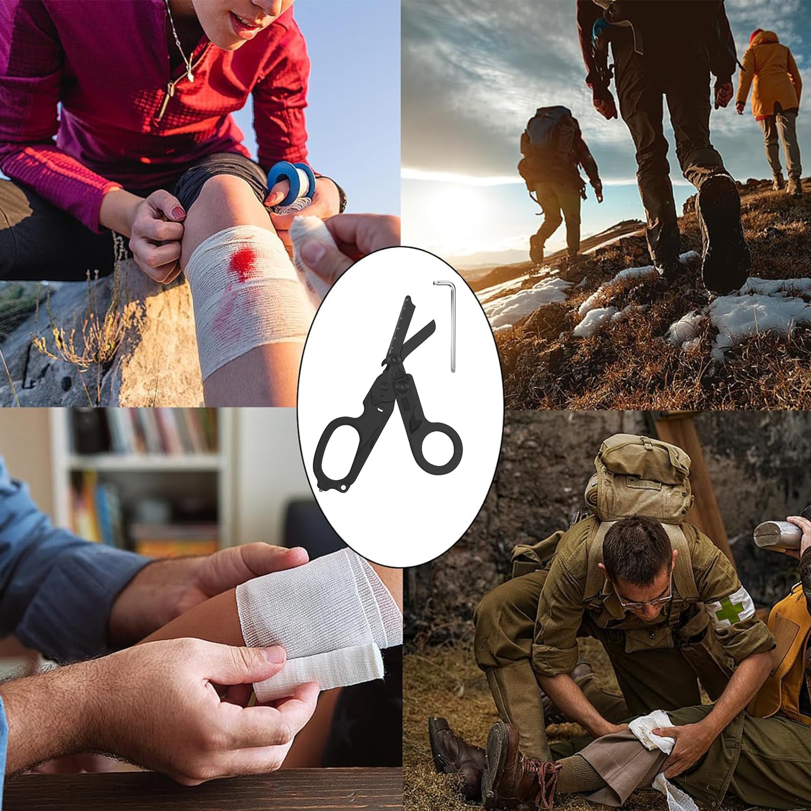 Rettungsschere Trauma Schere 6 in 1 Faltbar Trauma Schere Notfallschere Verbandsschere Mit K-Schutzhülle, Schraubenschlüssel für Professionelle Rettungsdienste, Outdoor Camping (Reines Schwarz)