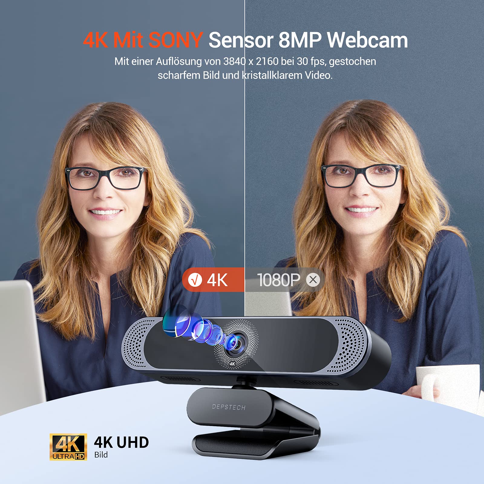 DEPSTECH DW50 Pro Webcam 4K, Ultra HD Webcam Pour PC, Zoom Avant 3X
