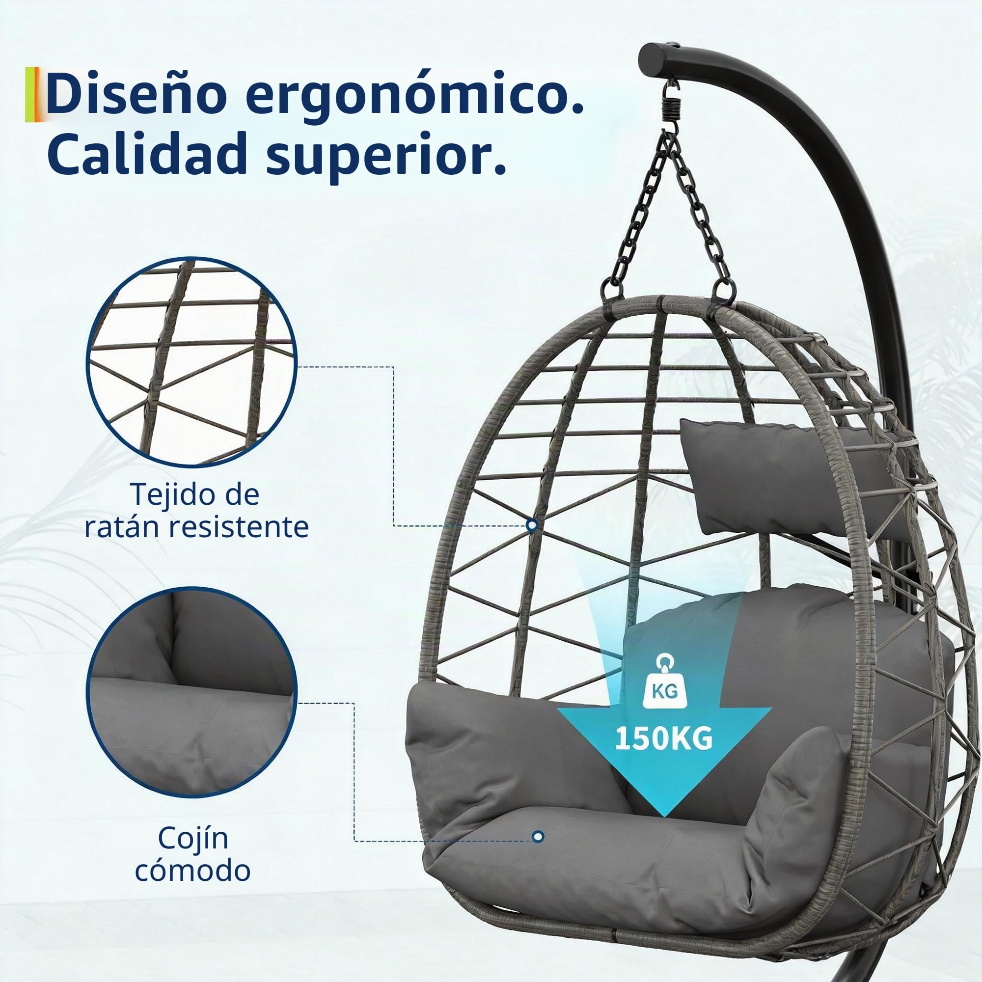 Silla Colgante con Marco para Exteriores, soporta hasta 150 kg, Silla Colgante de ratán con Estructura de Metal, Ideal como Silla Colgante de Interior, con Marco para jardín, terraza y balcón, Gris