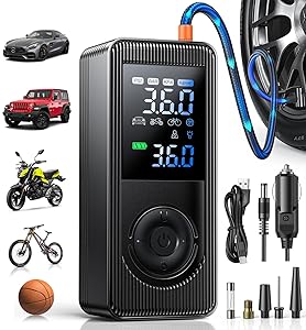 Tire Inflator Portable Air Compressor - 150 PSI Fast Inflation Rechargeable Battery & 12V DC Adapter Powered Air Pump for Car Bike Motorcycle Tires Balls with LCD Display, LED Light, Pressure Gauge