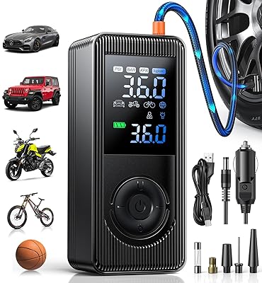 Tire Inflator Portable Air Compressor - 150 PSI Fast Inflation Rechargeable Battery & 12V DC Adapter Powered Air Pump for Car Bike Motorcycle Tires Balls with LCD Display, LED Light, Pressure Gauge