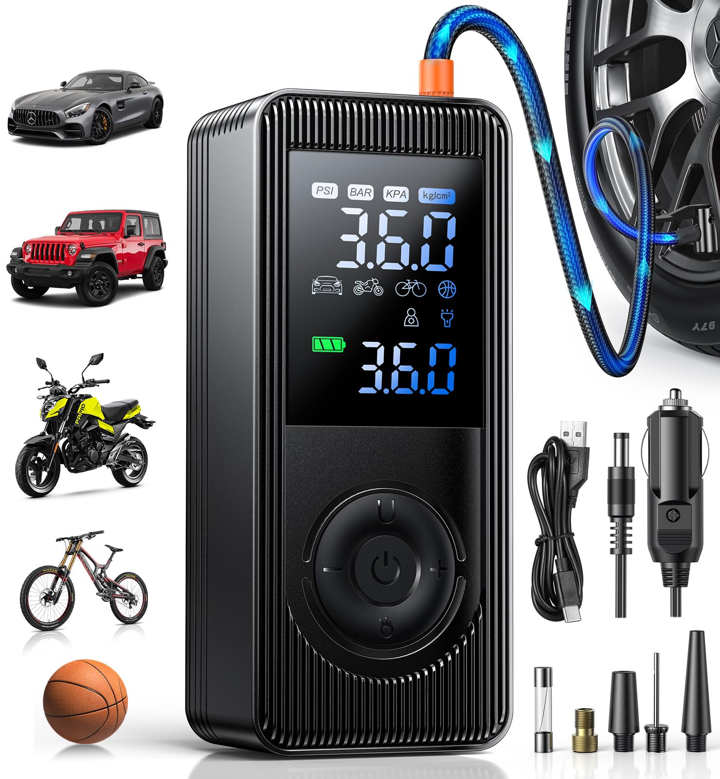 Photo 1 of **UNTESTED**
Tire Inflator Portable Air Compressor - 150 PSI 4X Fast Inflation Rechargeable Battery & 12V DC Adapter Powered Air Pump for Car Bike Motorcycle Tires Balls with LCD Display, LED Light