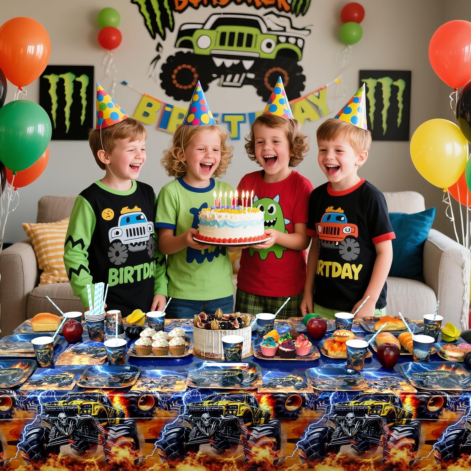 Monster Truck Party Decoration - Monster Truck Birthday Party Tableware Supplies Includes Plates, Cups, Napkins, Tablecloth, Straws (20) - Image 7