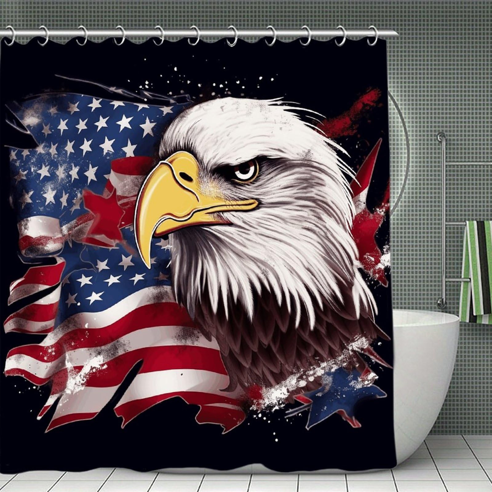 VstaDank America US Flag Bald Eagle Shower Curtain 71x71 Heavy Duty Polyester Cloth Bath Curtain with Hooks Thick Waterproof Shower Liner Fun Magic Decorative Bathroom Curtains for Bathtub
