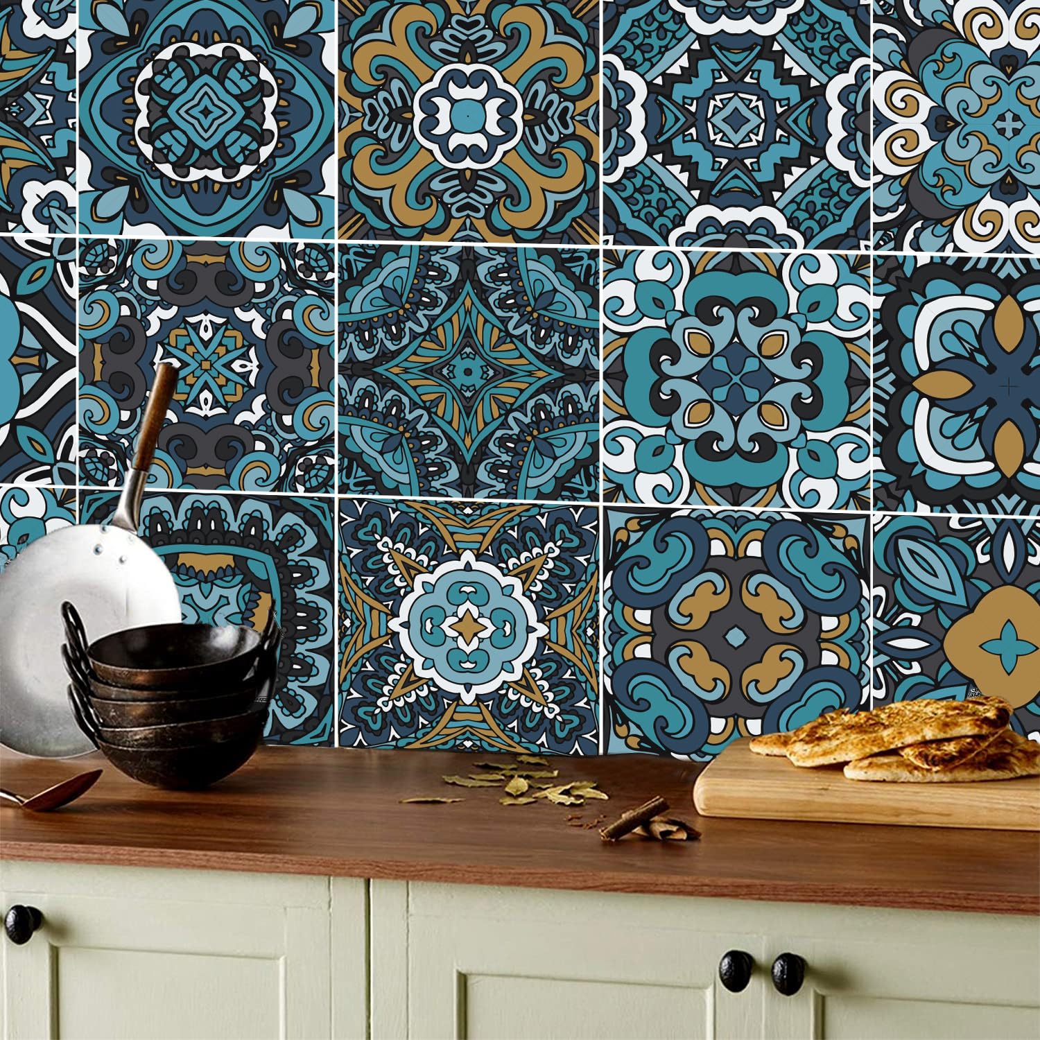 ANHUIB 18 Stück Bunt Fliesenaufkleber,Mosaik Küche Wandaufkleber,DIY Marokkanischer Fliesenfolie für Badezimmer,Wandfliese Aufkleber Fliesensticker,Wasserdicht Selbstklebende Treppenaufkleber,15×15CM