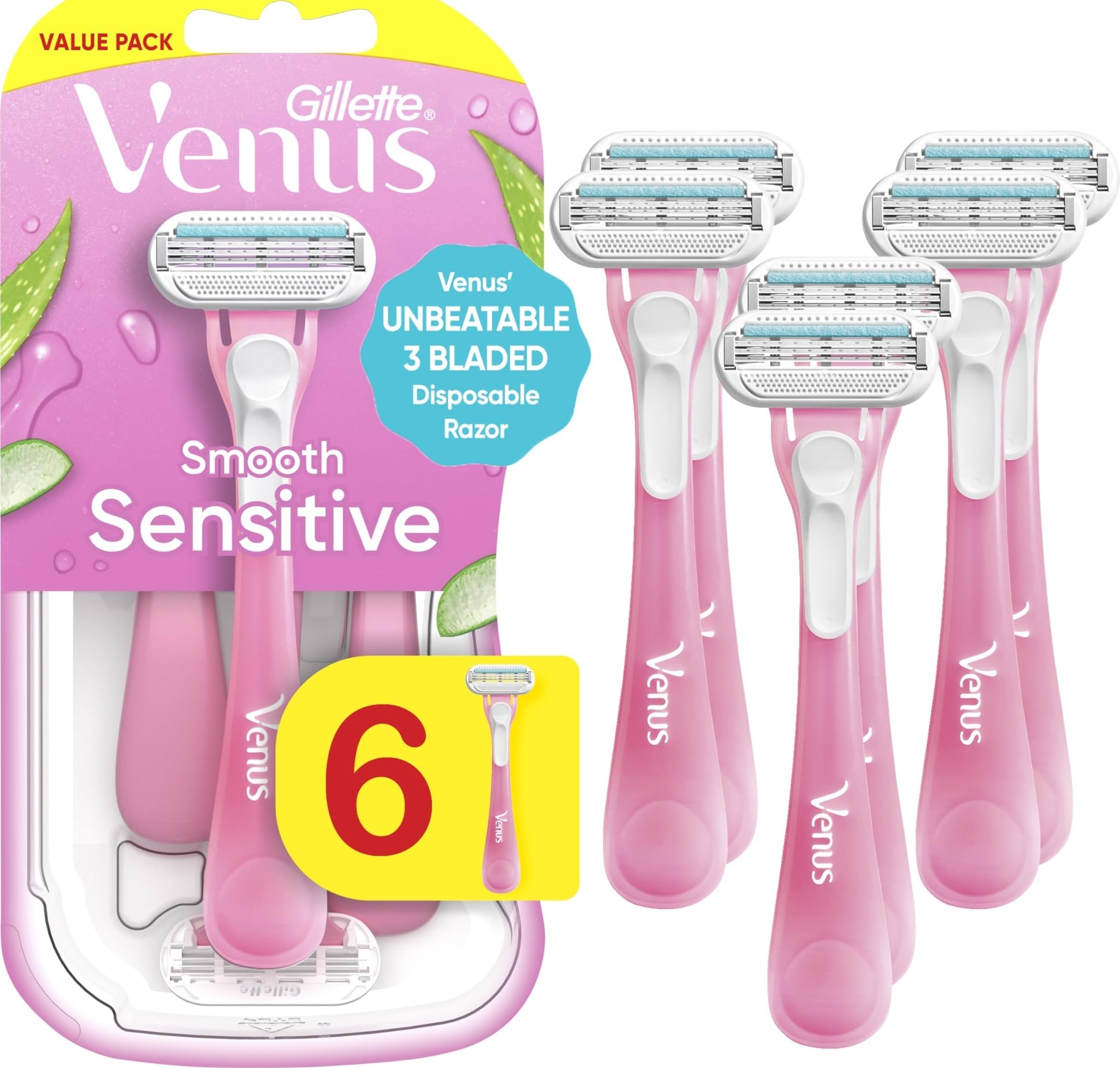 Gillette Venus Sensitive Disposable Razors for Women with Sensitive Skin, 6 Count, Delivers Close Shave with Comfort Pink and White 6 Count (Pack of 1)