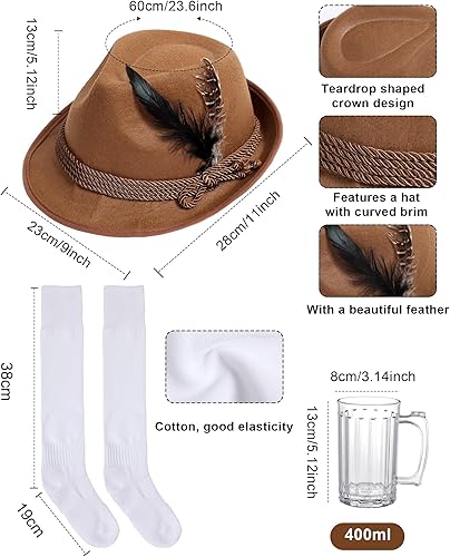 Miniatura 5 de Toulite Juego de 6 piezas de disfraz alemán de Oktoberfest para hombre, Lederhosen, camisa, sombrero, calcetines, jarra de cerveza para festival