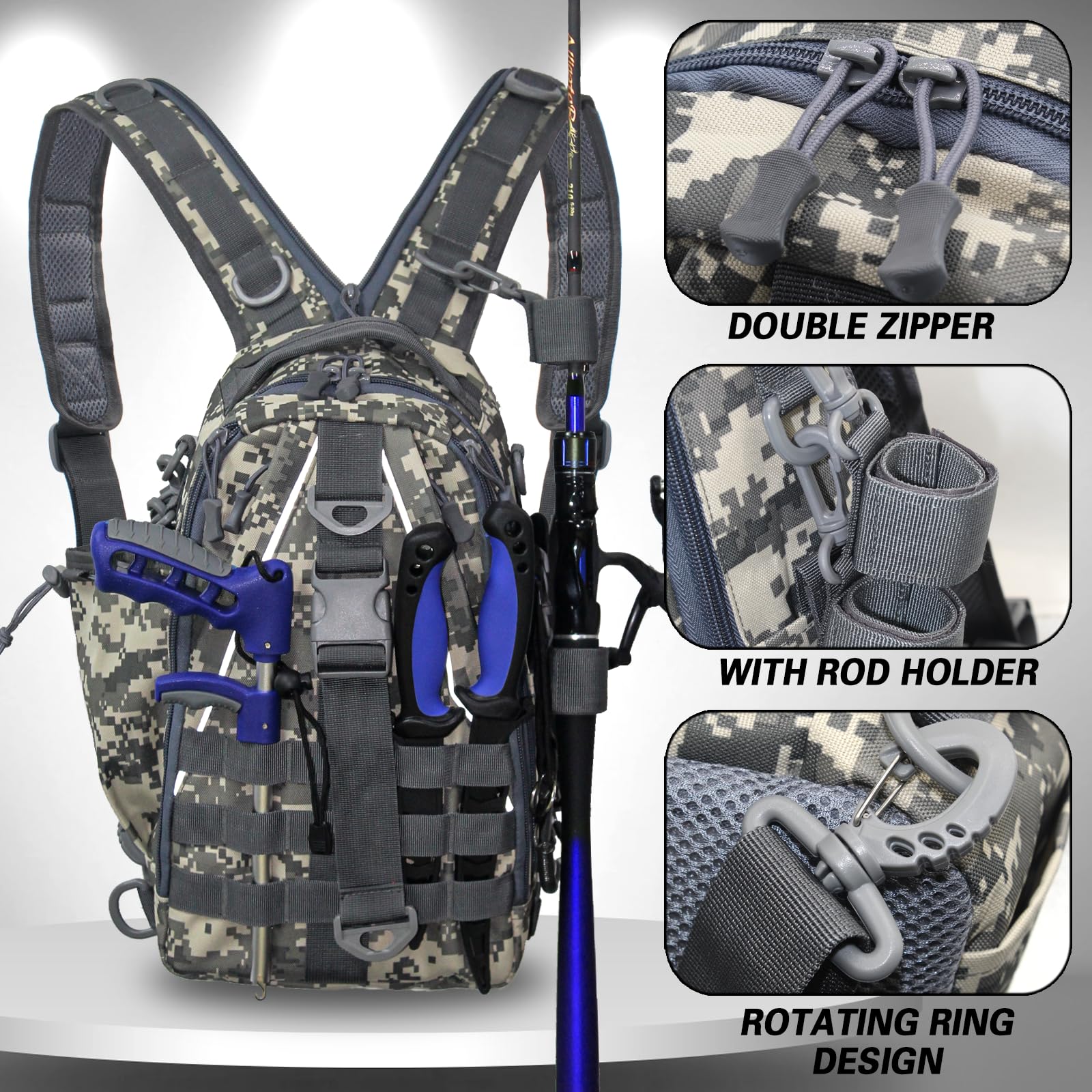 Mochila de pesca, bolsa de pesca ligera con mucho espacio de almacenamiento, mochila de caja de aparejos con soporte para caña para pesca con mosca y regalos para hombres y mujeres, color gris