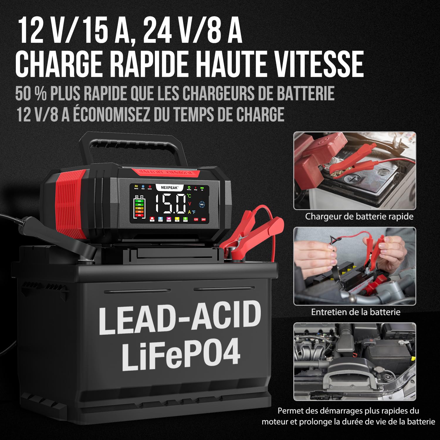 15A Chargeur de Batterie de Voiture, NEXPEAK NC315 12V/24V Chargeur de Batterie Rangement des câbles Intelligent Automatique avec Compensation de Température pour Les Batteries Plomb-Acide et LifePO4