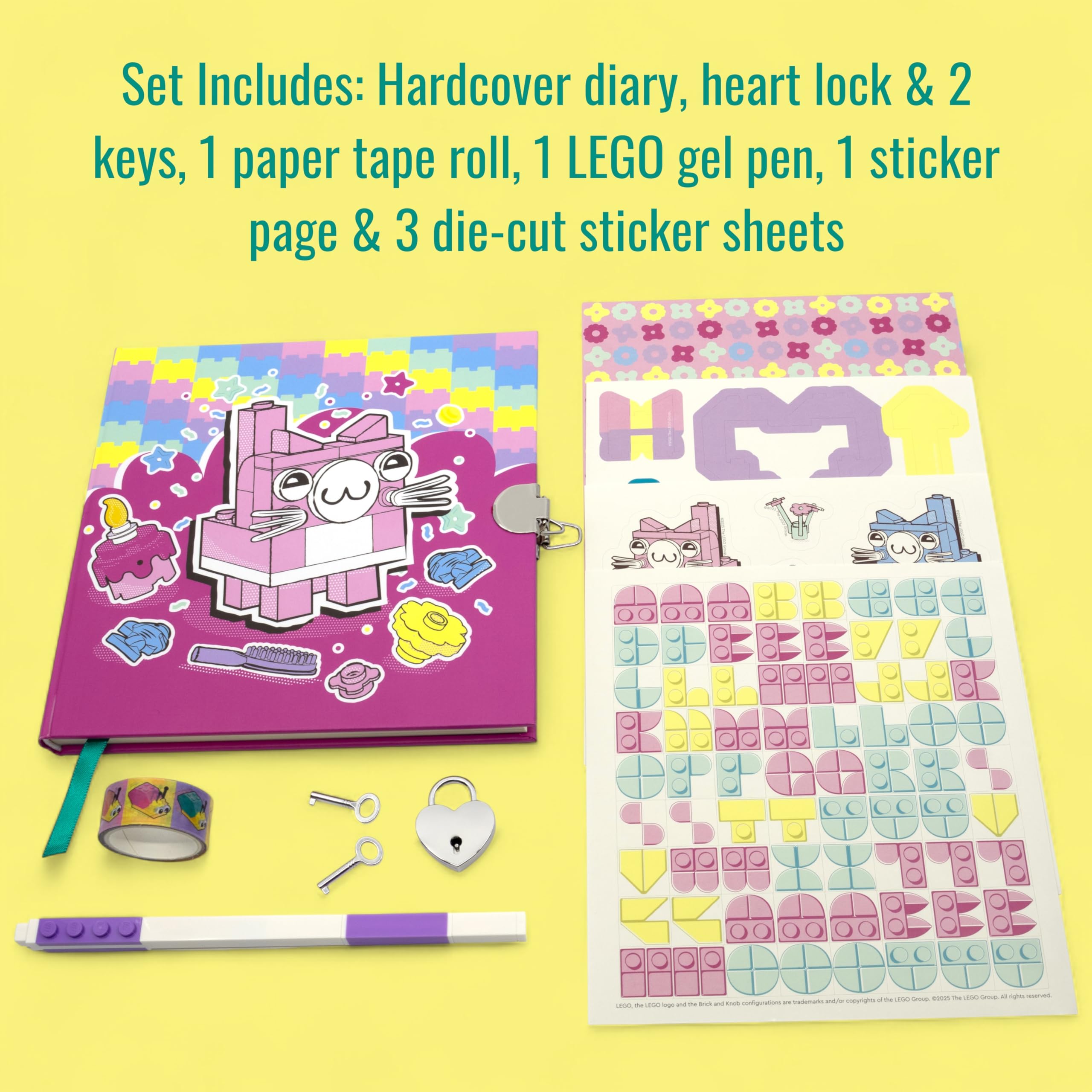 IQ LEGO Secret Diary Set - Cat (53594), include 1 diario, 1 penna gel con inchiostro lavanda, 3 fogli adesivi fustellati, 1 nastro di carta, 1 foglio adesivo, 1 lucchetto con 2 chiavi, pagine