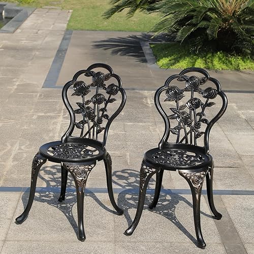 Miniatura 4 de KAILI Rose Garden - Sillas bistró de aluminio fundido, asientos decorativos para patio al aire libre, juego de 2, blanco y negro (silla rosa bronce)