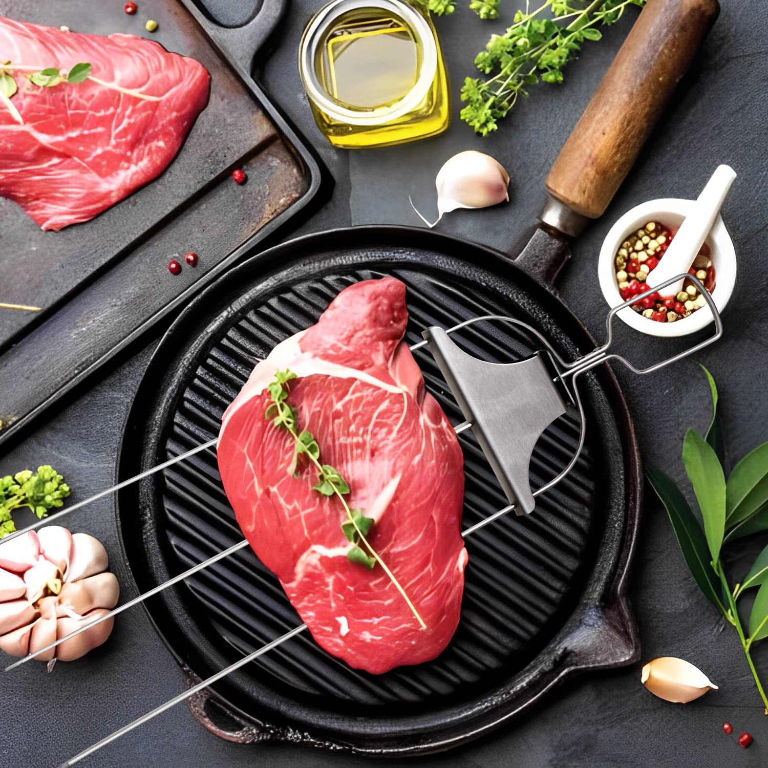 Pinchos de acero inoxidable de 3 puntas para barbacoa Pinchitos con barra deslizante, fácil extracción de alimentos, 2 pinchos, un cepillo para untar y bolsa de almacenamiento