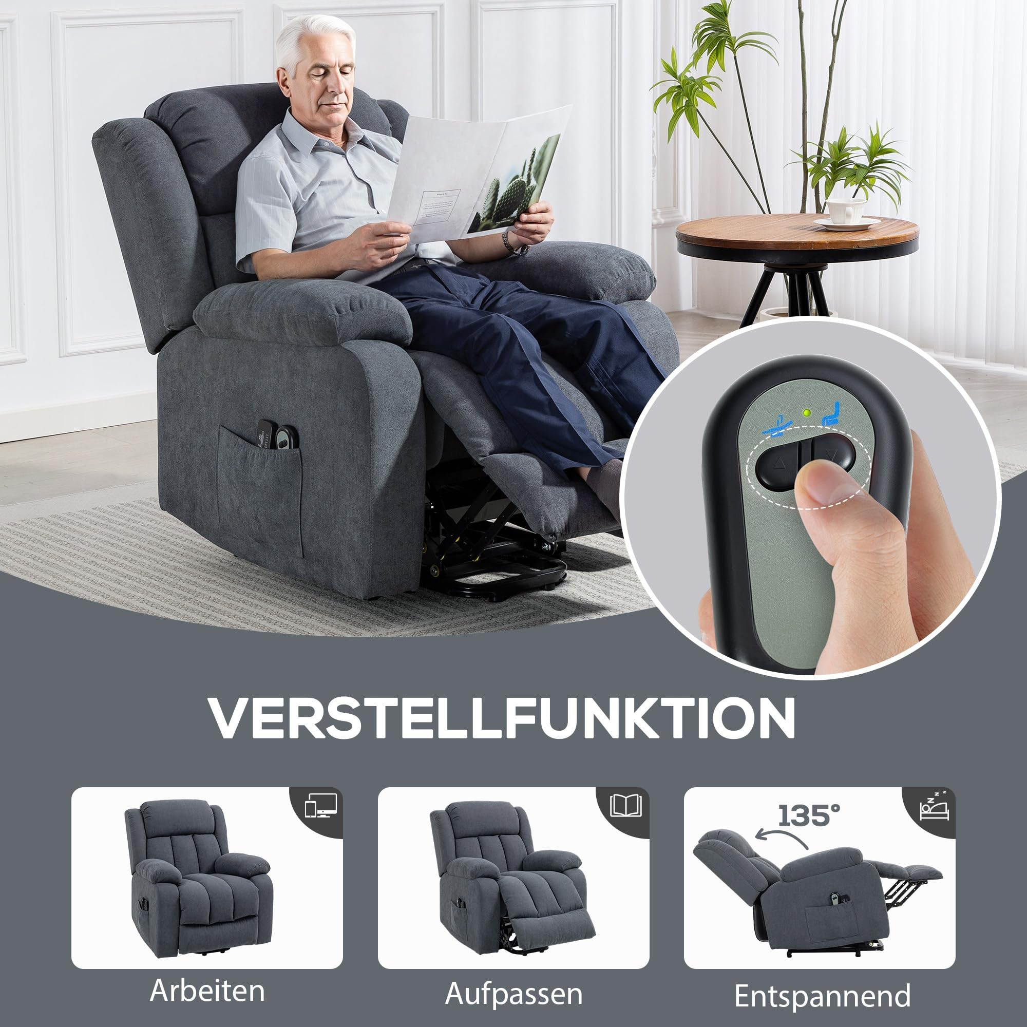HOMCOM Fernsehsessel mit Aufstehhilfe Elektrisch Relaxsessel Dunkelgrau