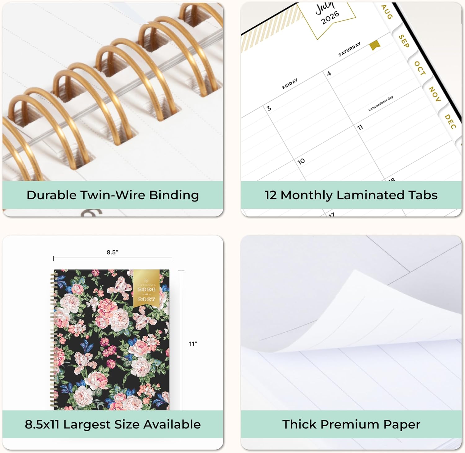 Blue Sky Day Designer 2026-2027 Weekly and Monthly Academic Year Planner Calendar, July 2026 - June 2027, 8.5" x 11", Flexible Cover, Laminated Tabs, Storage Pocket, Includes Stickers, Rose Garden