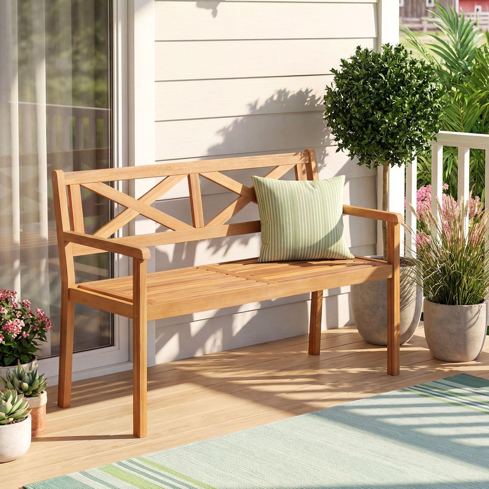 COSTWAY Banc de Jardin en Bois d'Acacia, Banc Exterieur Jardin 2 Places, Dossier Incliné à Motif Géométrique, Charge 360 KG, Accoudoirs, Banquette pour Terrasse Parc Patio Balcon, 119 x 56 x 80 cm