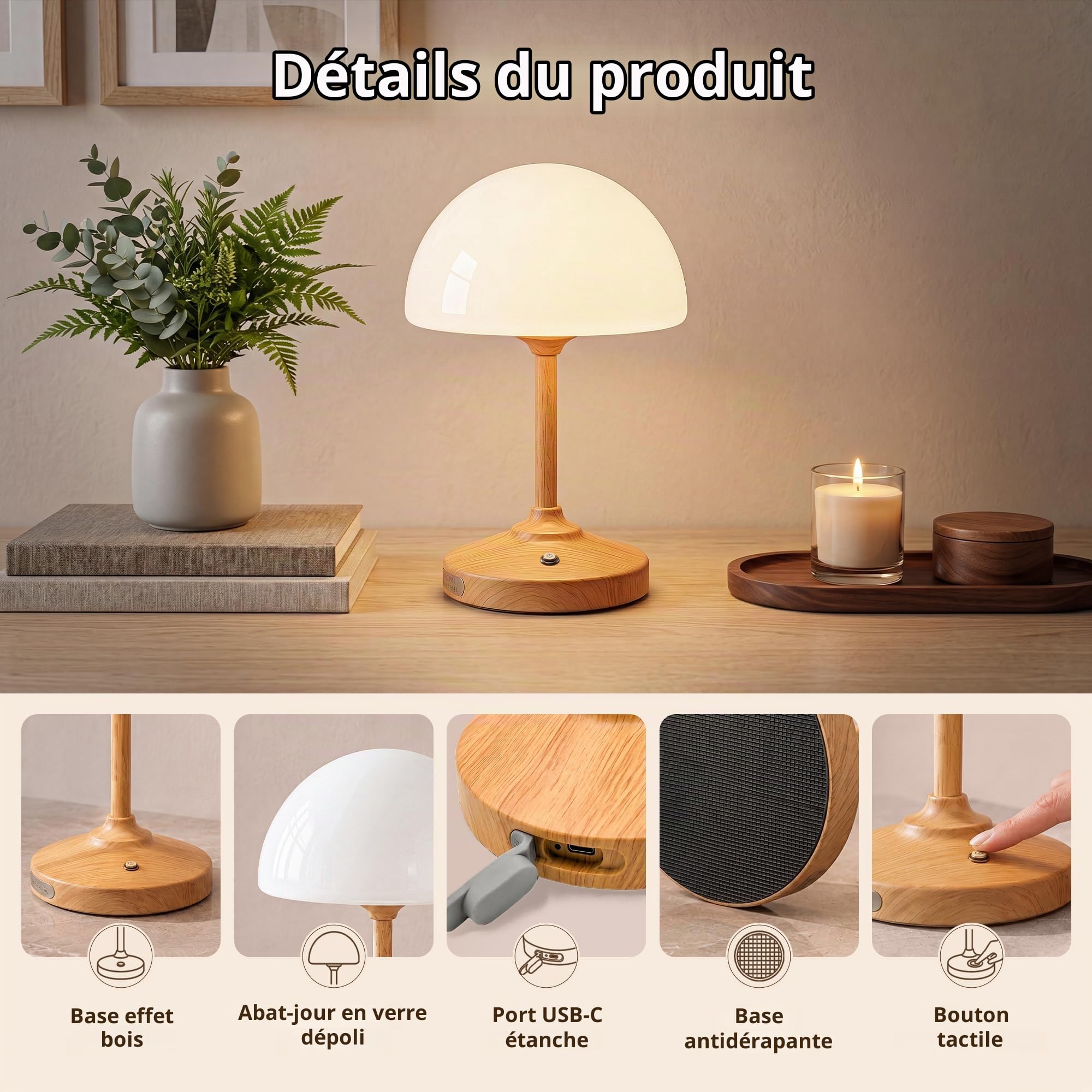 Dawnwake Lampe de table LED en forme de champignon, sans fil, 5000 mAh, tactile, à intensité variable, pour chambre à coucher, extérieur, étanche, petite lampe pour salon, camping, gradation à 3