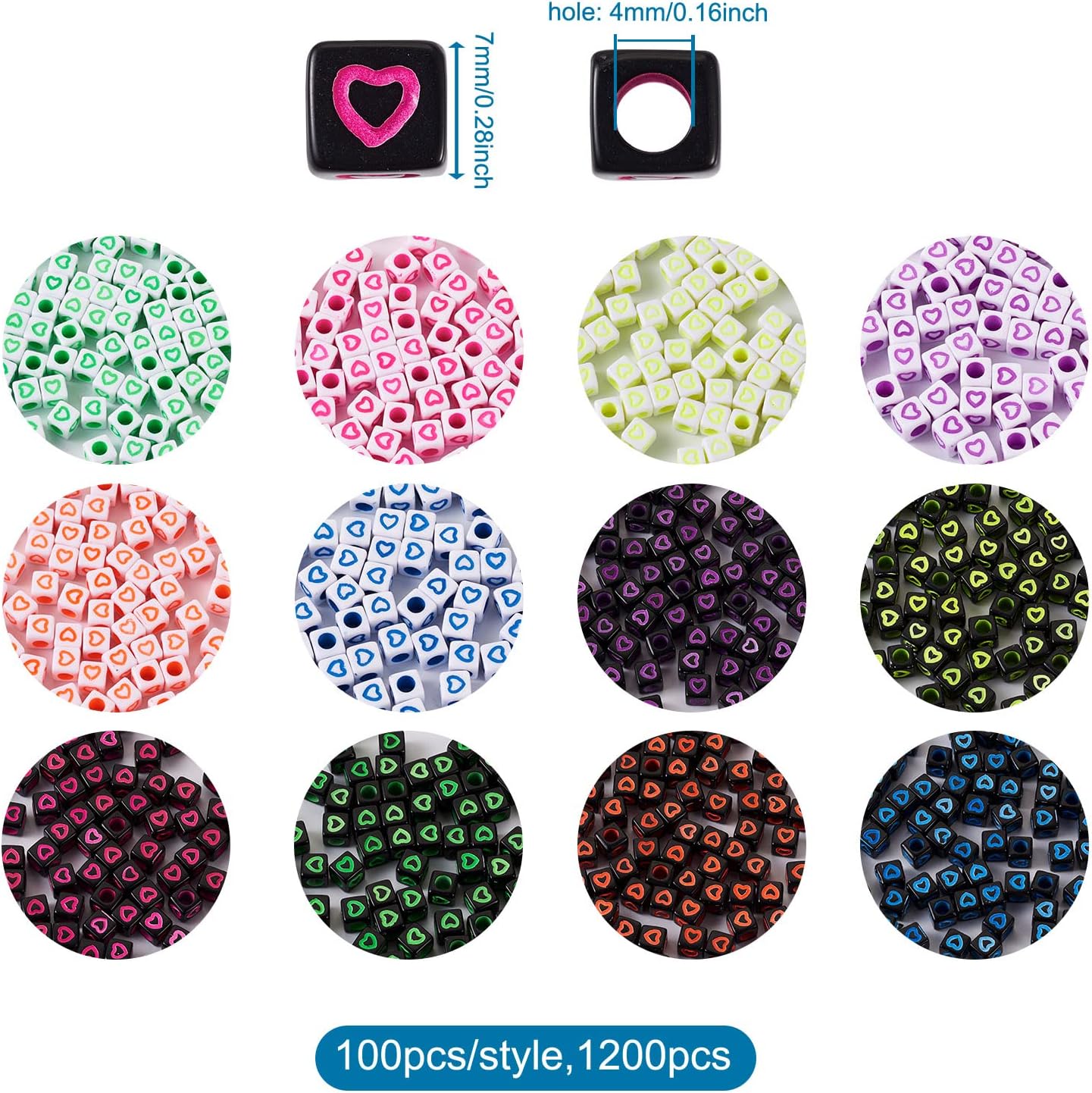 Craftdady 1200pcs Opaque Acrylic Cube Spacer Beads Large Hole Heart Pattern Square Pony Beads 7x7mm for DIY European Jewelry Bracelets Necklaces Earrings Hair Accessories, Hole: 4mm