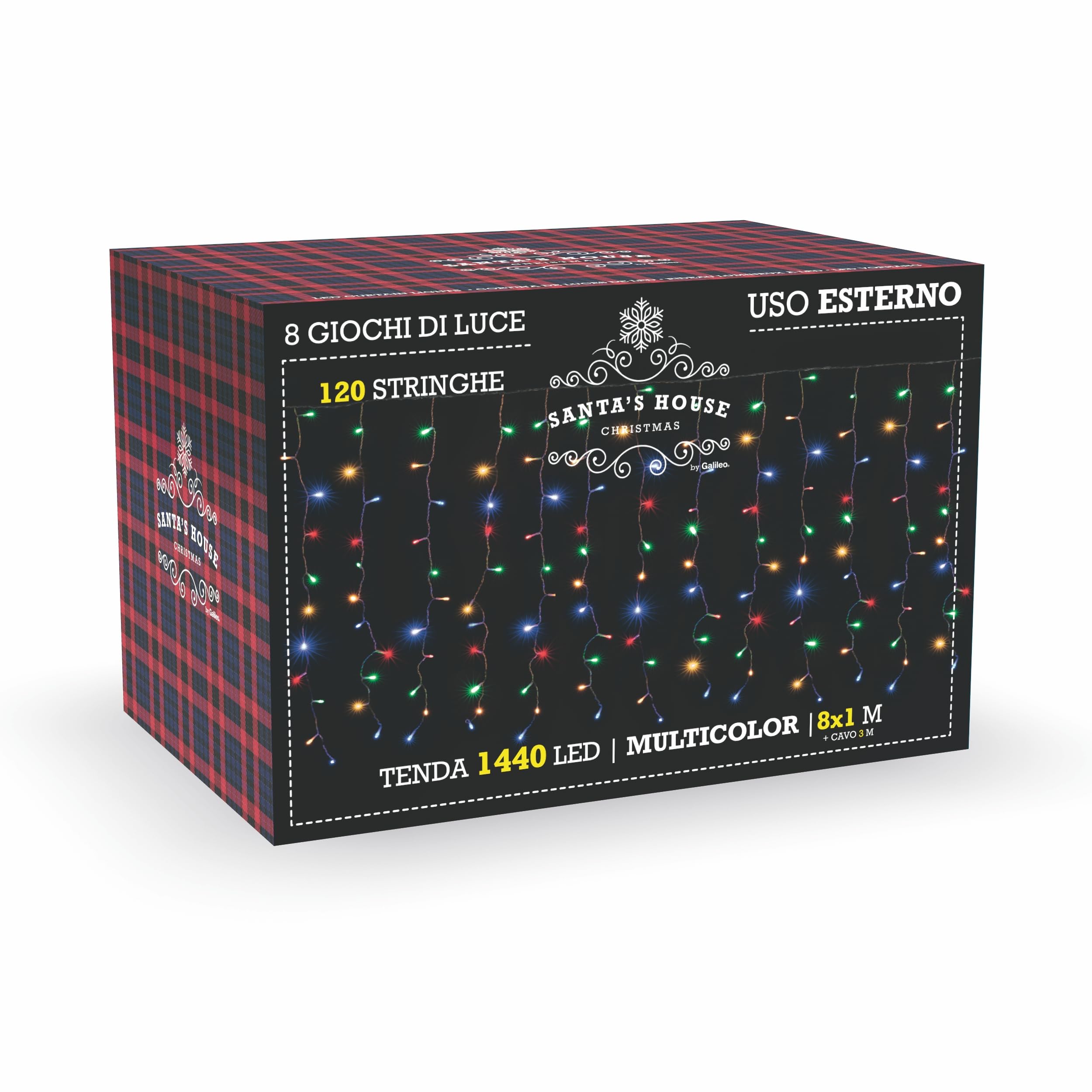 Tenda 1440 led multicolor, 120 stringhe, 8 giochi luce, uso esterno 800x100 cm, Santa's House by Kooper