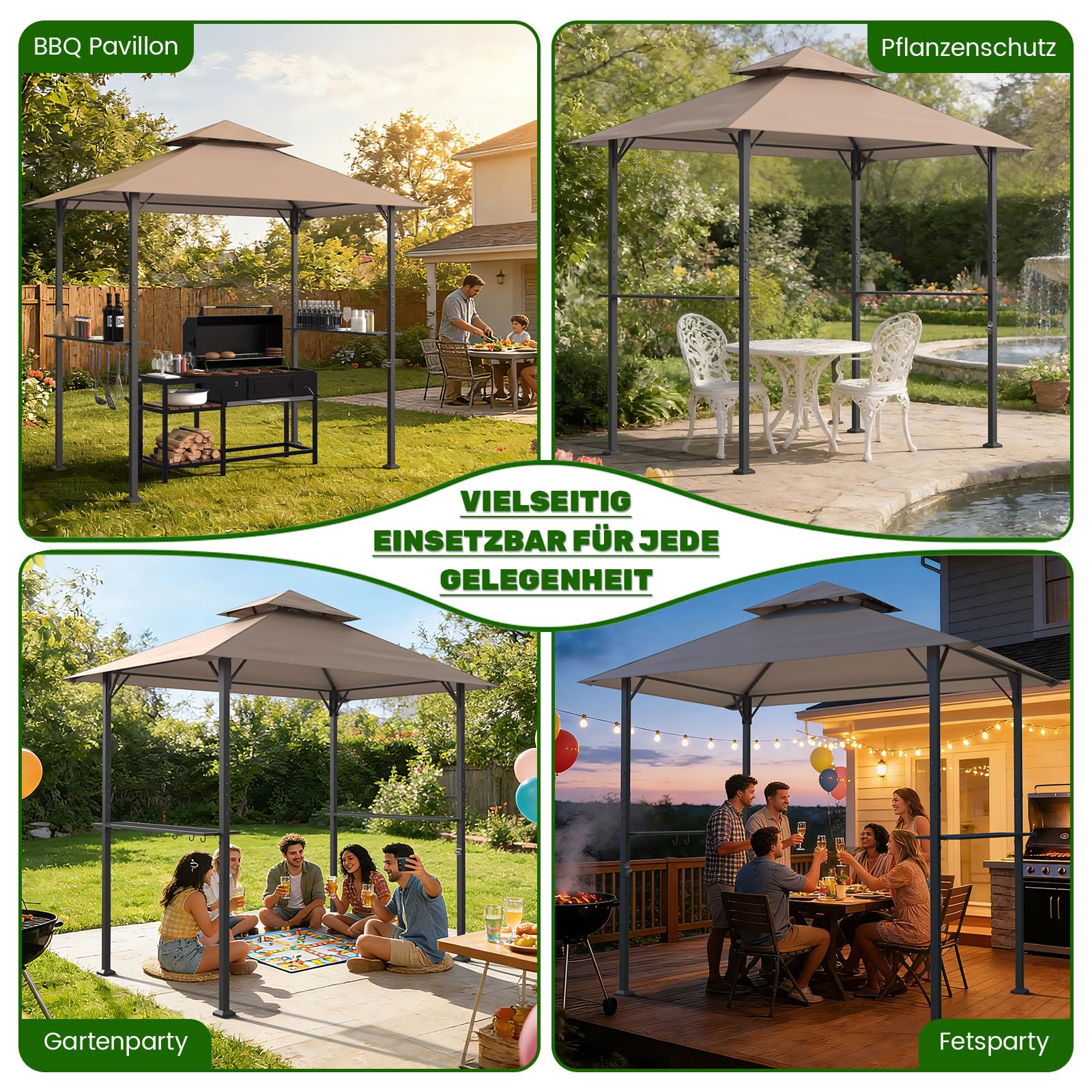 Huracan Grillpavillon mit Doppeldach, Wetterfest Gartenpavillon Grillüberdachung, Gartenlaube mit Seitenregalen, Flaschenöffner & Haken, UV-Schutz Belüftetes Dach, Grillunterstand BBQ Pavillon Party