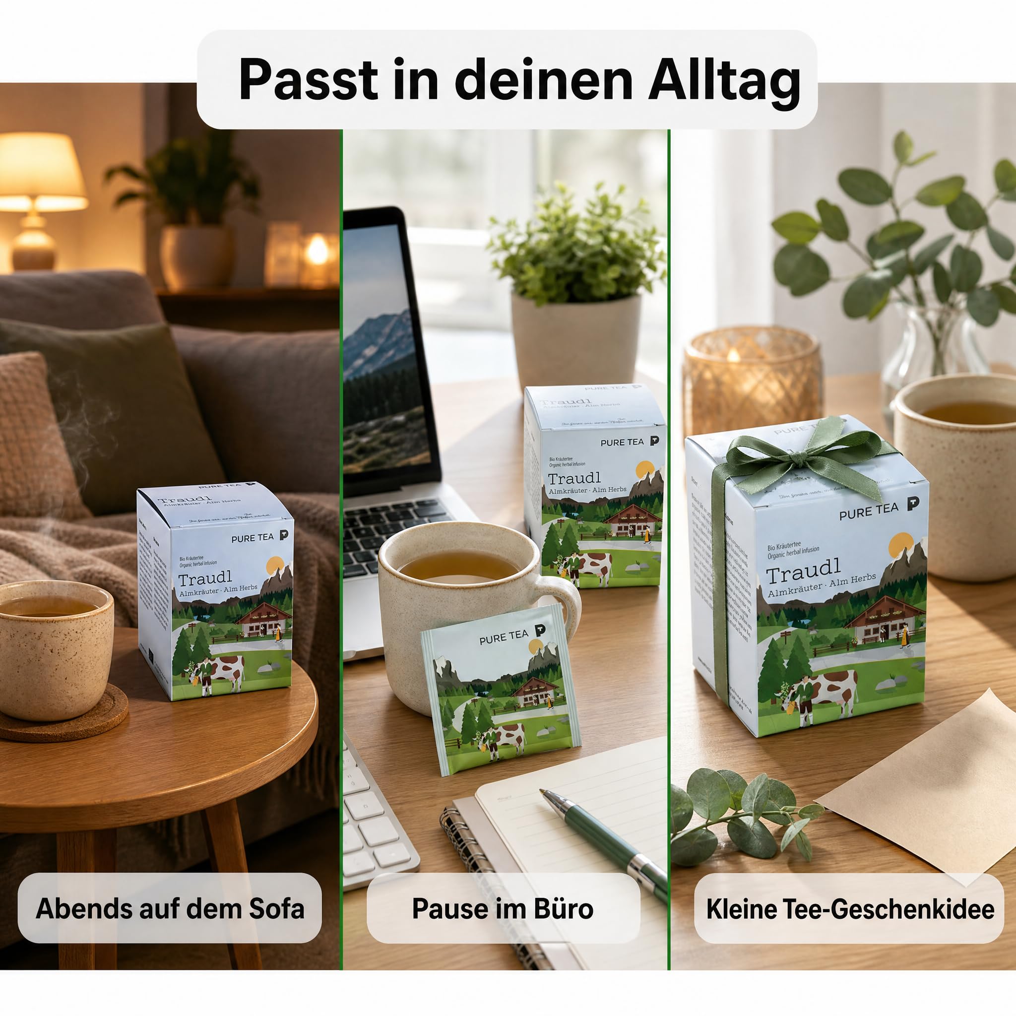 6 x PURE TEA Traudl Premium Kräutertee Almkräuter, koffeinfreier Alpenkräuter Tee als Kräutermischung mit Spitzwegerich, Apfelminze & Melisse, einzeln verpackte Kissenbeutel in Dispenserbox