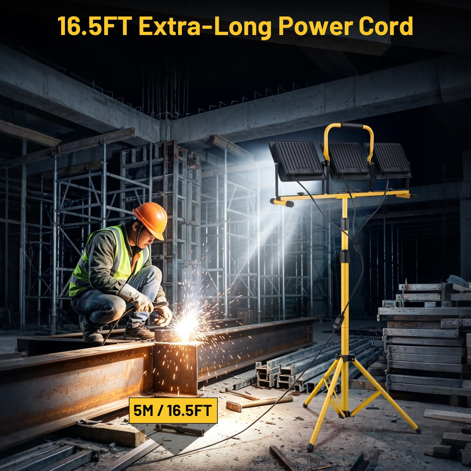 Yofuly 3x 100W Foco LED de Trabajo, 3 Modos de Temperatura de Color, Foco de Construcción 23.000 LM con Trípode Telescópico Ajustable, Foco para Obras IP66 Impermeable, Cable de 5M para Exteriores