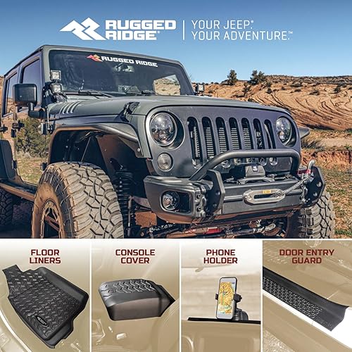 Miniatura 3 de Rugged Ridge Paquete de inicio para Jeep Gladiator JT  Revestimientos de suelo, soporte para teléfono de montaje múltiple, cubierta de consola