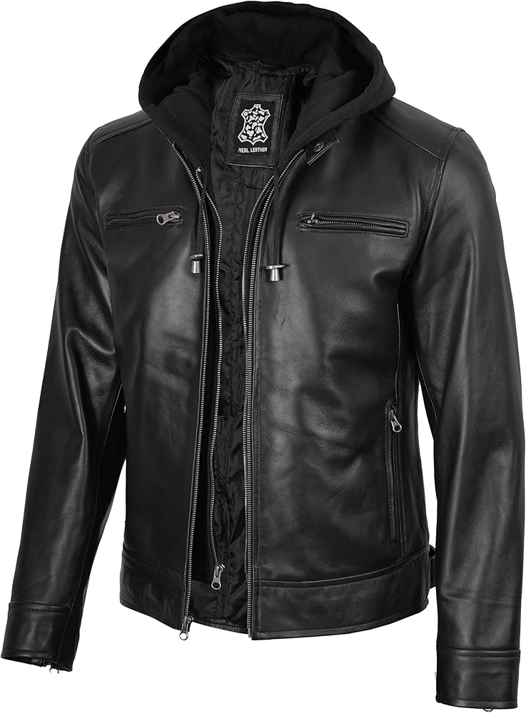 fjackets Disc Cafe Racer Real Leather Jacket - Dodg Black