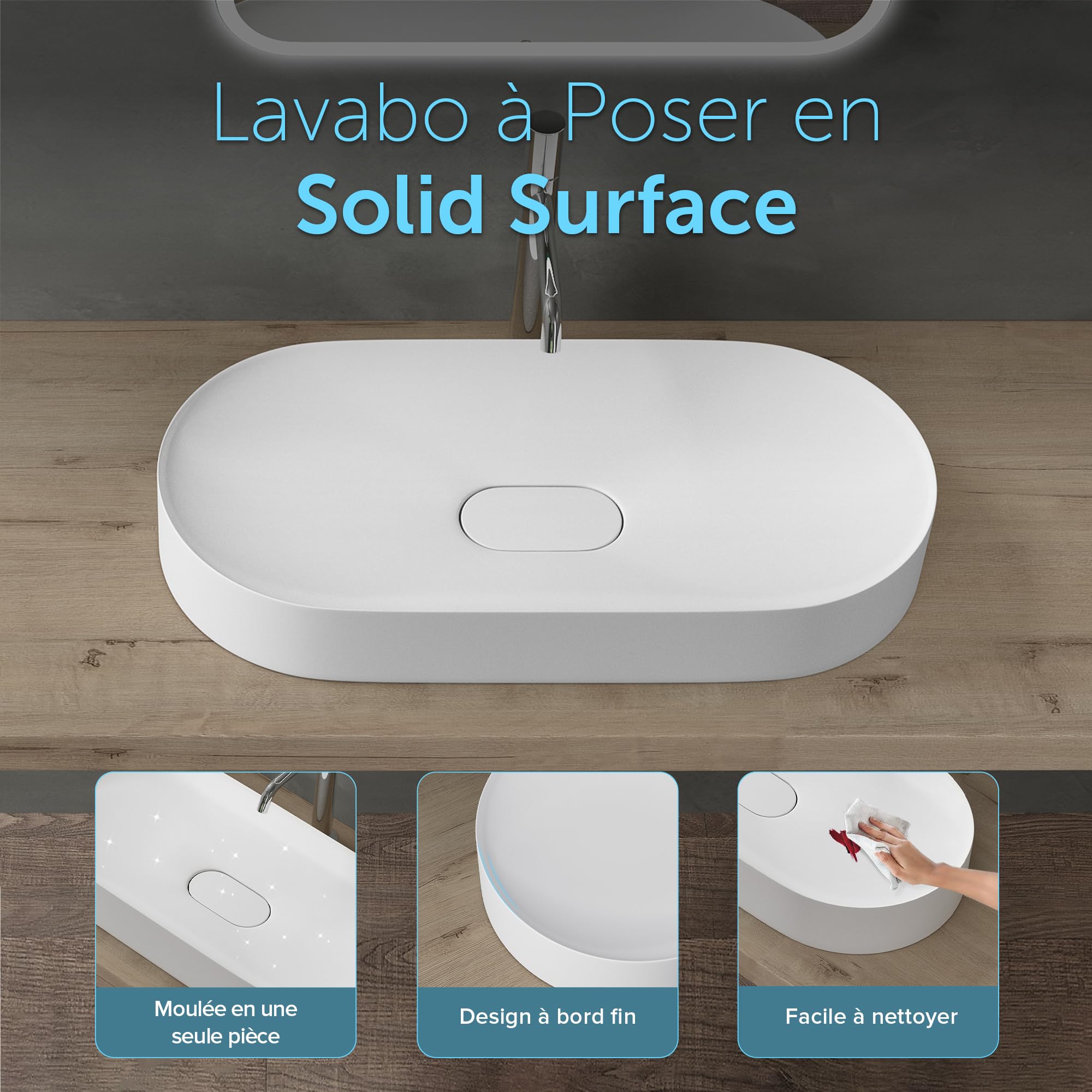 doporro Lavabo da Appoggio Lavandino Bagno 70 cm in Resina Minerale Bianco Opaco Effetto Loto, Senza Foro Rubinetto Colossum826