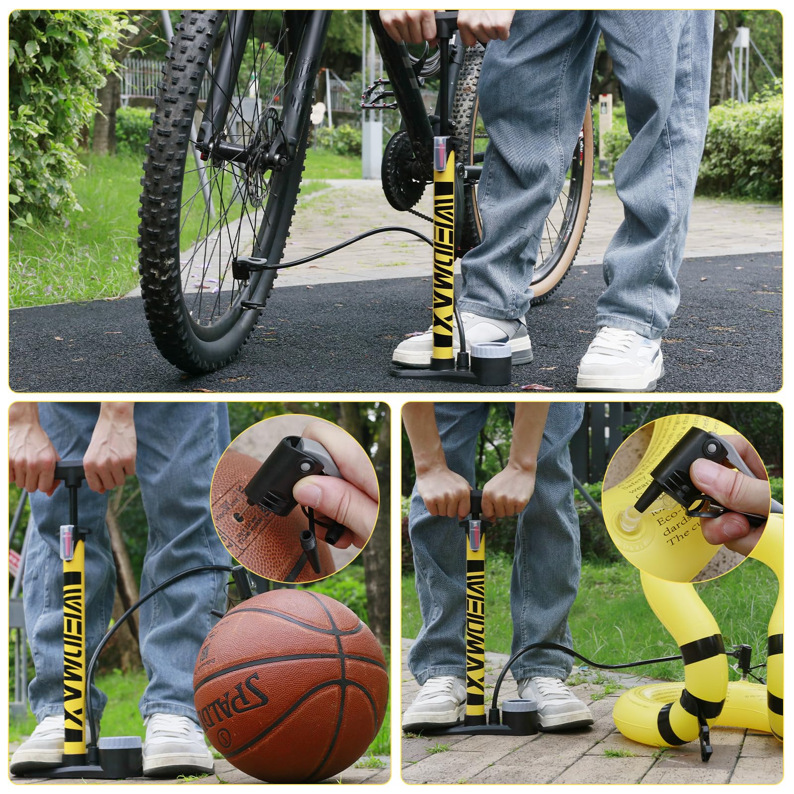WEIDMAX Pompa per bicicletta con manometro, Pompa da pavimento per bicicletta con valvole Presta e Schrader