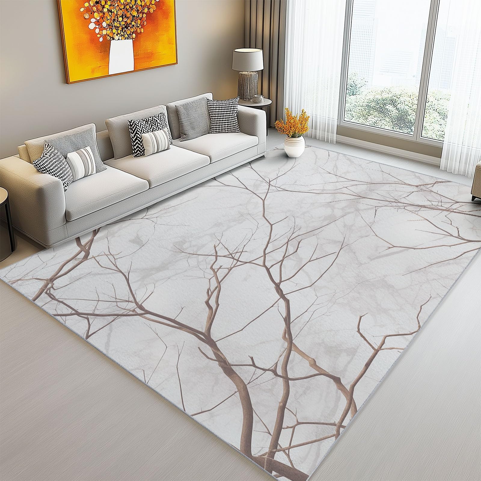 Tapis de chambre 240x300 cm beige et gris à motif branches abstraites