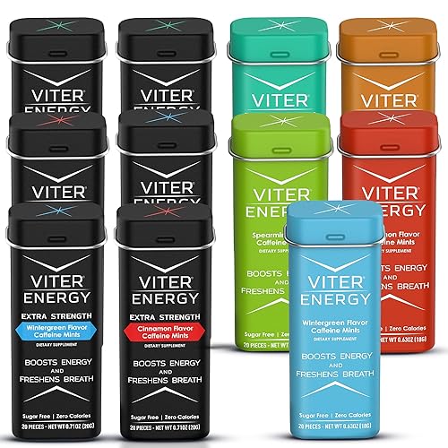 Viter Energy Paquete variado de mentas de cafeína originales de 40 mg y mentas de cafeína extra fuertes de 80 mg, cafeína, vitaminas B, sin azúcar,
