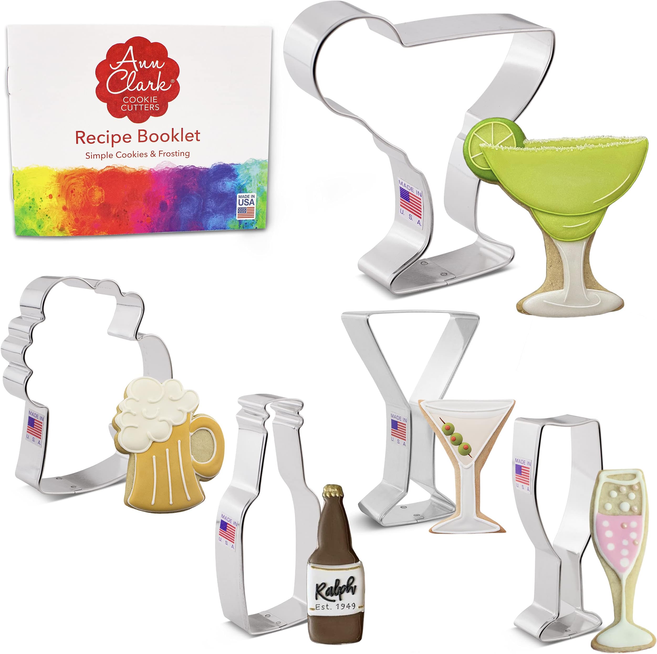 Drinks and Cocktails Cookie Cutters 5-Pc. Set Made in the USA by Ann Clark, Beer Bottle, Beer Stein, Margarita Glass, Champagne Glass, and Martini Glass