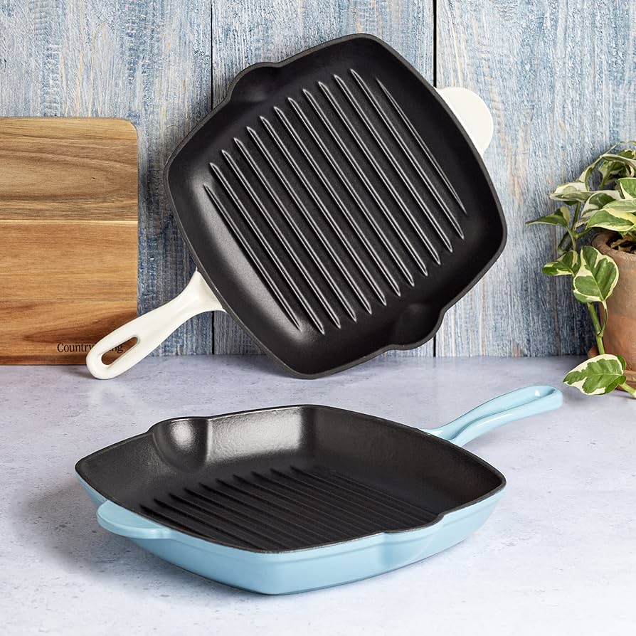 Amazon.com: Country Living Enameled Cast Iron Square Griddle Grill Pan with Ridges, Helper Handle and Pouring Spouts for Easy Draining, Indoor Grilling Skillet, 11-Inch, Blue : Everything Else