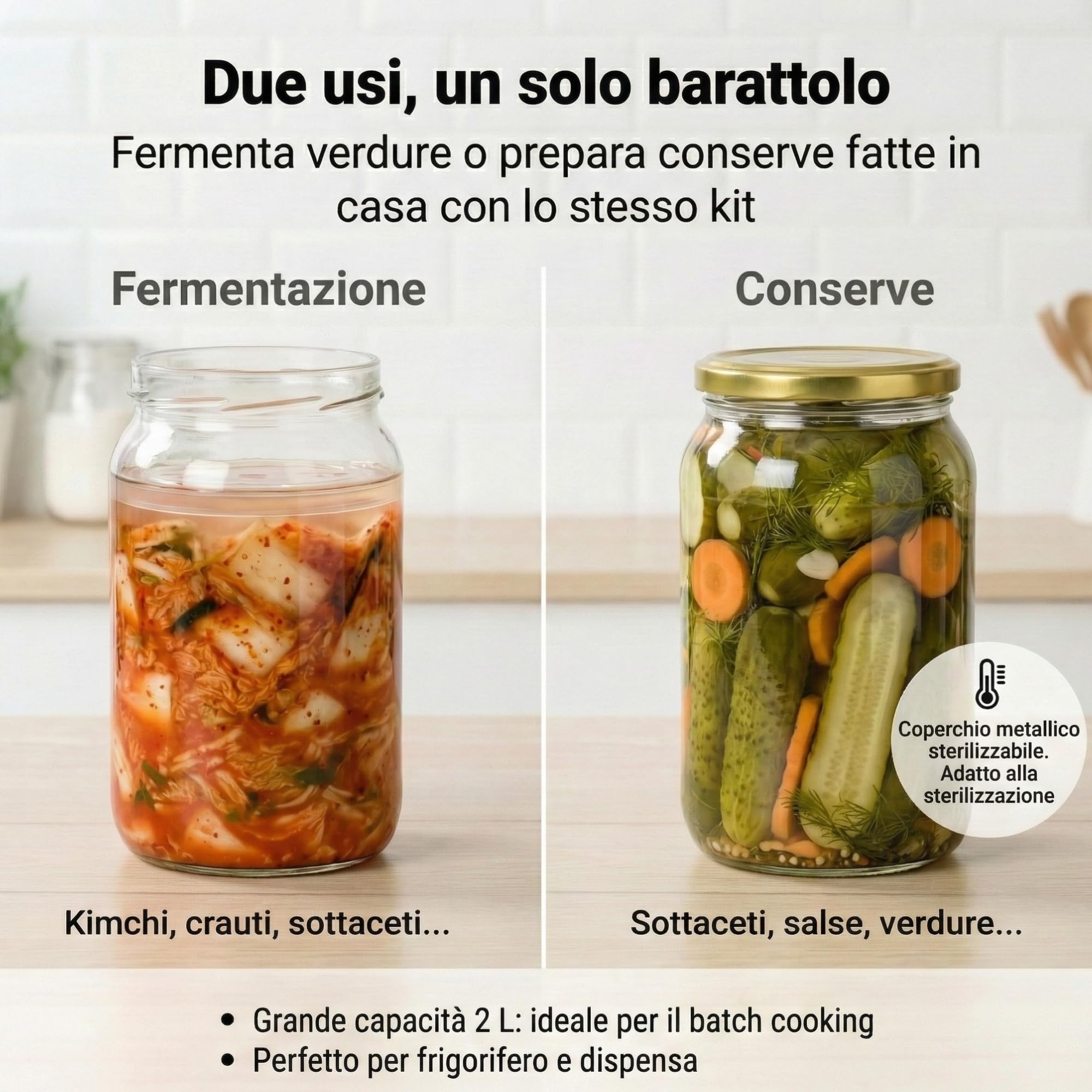 myFERMENTS - Barattoli di Vetro con Coperchio | Contenitori Grandi 1,96L per Sottaceti e Conserve | Ideali per Kombucha, Kimchi e Kefir | Chiusura Ermetica, Antiodore, Trasparente, 1966 ml, Vetro