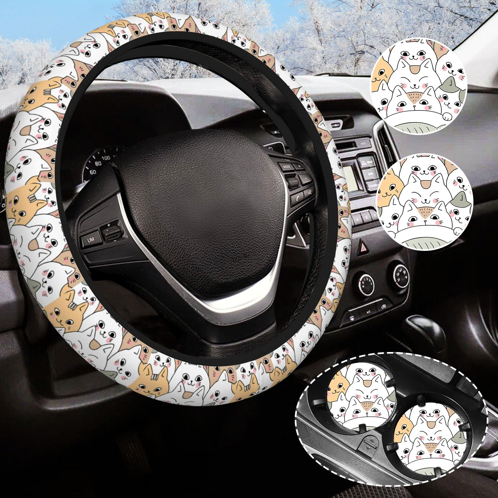 Cat Steering Wheel Cover Anti-Slip Universal for 14.5-15 Inch Car Steering Wheel Cover Women with 2 Pieces Car Coasters Suitable for Men Women