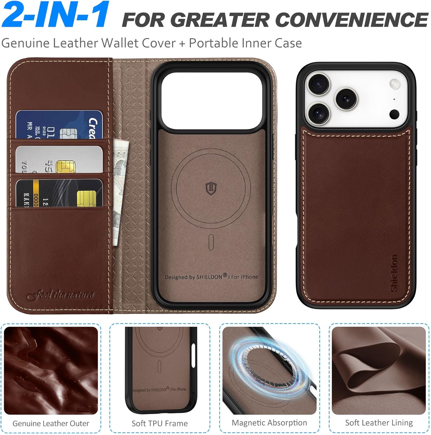 SHIELDON Detachable Leather Wallet Case for iPhone 17 Pro Max 6.9" 2025 | Wireless Charging, Removable Flip Magnetic Cover, RFID Blocking Credit Card Holder, Kickstand, Full Protection - Retro Coffee - Image 6