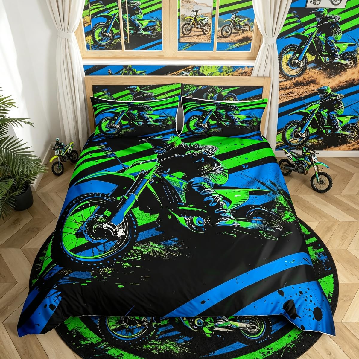 Loussiesd Kids Dirt Bike Bedding Set Cot Extreme Sports Duvet Cover