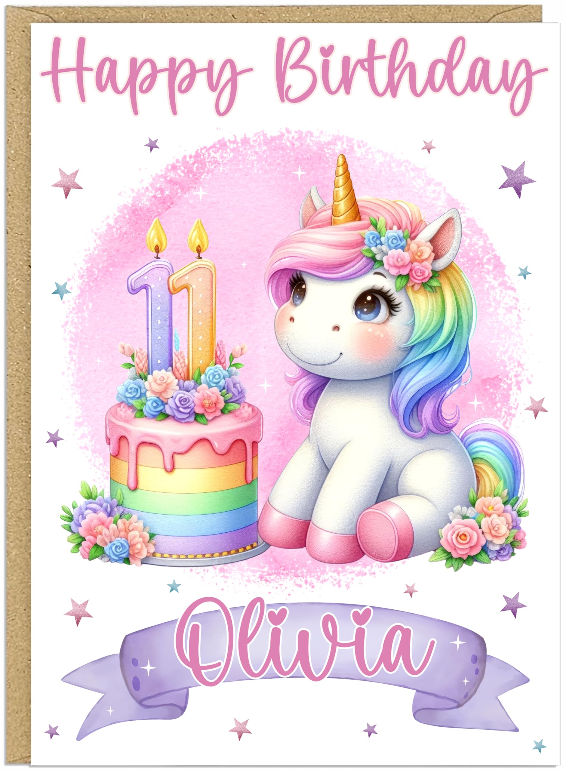 Personalised Cute A5 Unicorn Happy Birthday Cards for Little Girls - Custom Own Name & Age 1-12 Years Designs - Cute Girly Greeting Cards For Her (Age 11)