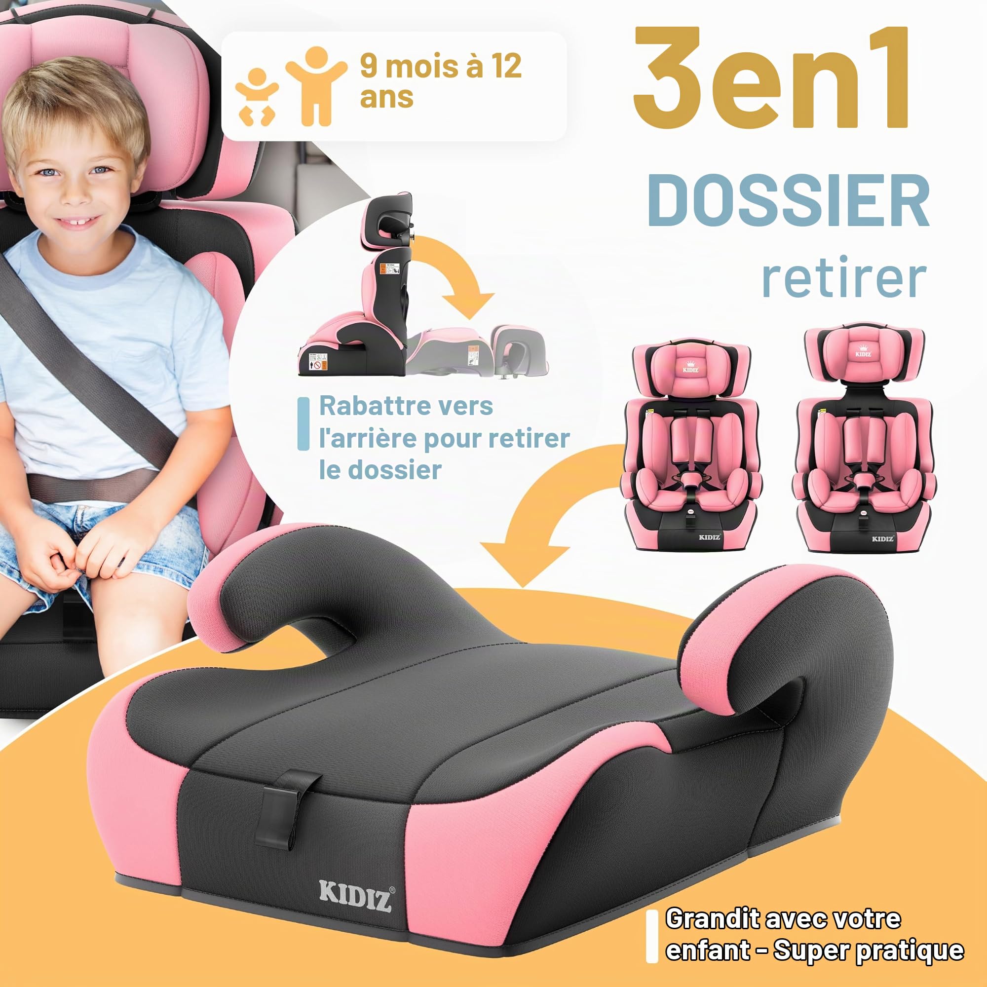 KIDIZ® Siège auto i-Size R129 de 100 à 150 cm à 12 ans, groupe 1/2/3, sans isofix, siège enfant évolutif, ceinture 5 points et appuie-tête réglable en hauteur, rose